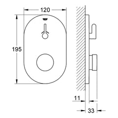 Maattekening Grohe Eurosmart Cosmopolitan T zelfsluitende douchekraan met menging en instelbare temperatuurbegrenzer