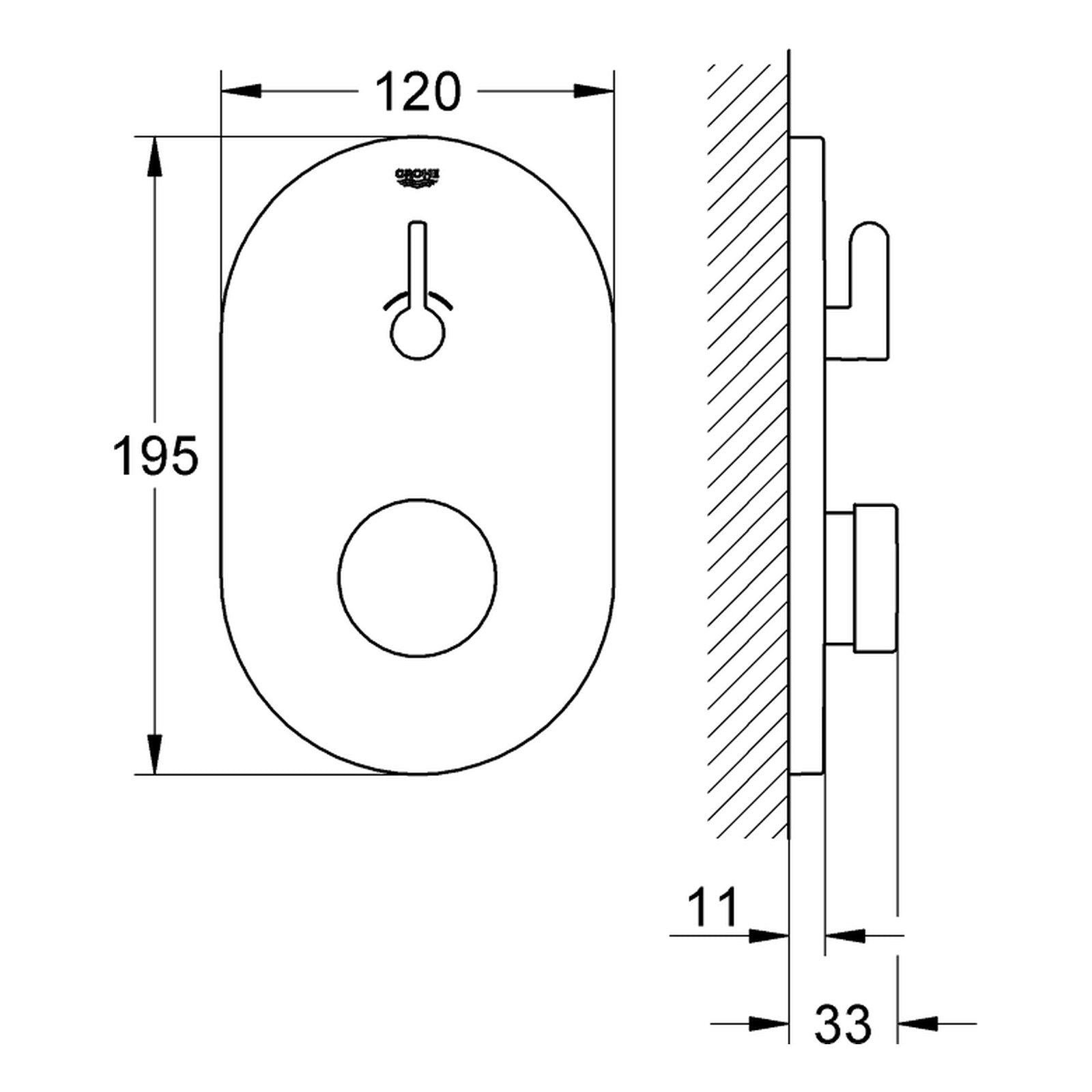 Maattekening Grohe Eurosmart Cosmopolitan T zelfsluitende douchekraan met menging en instelbare temperatuurbegrenzer
