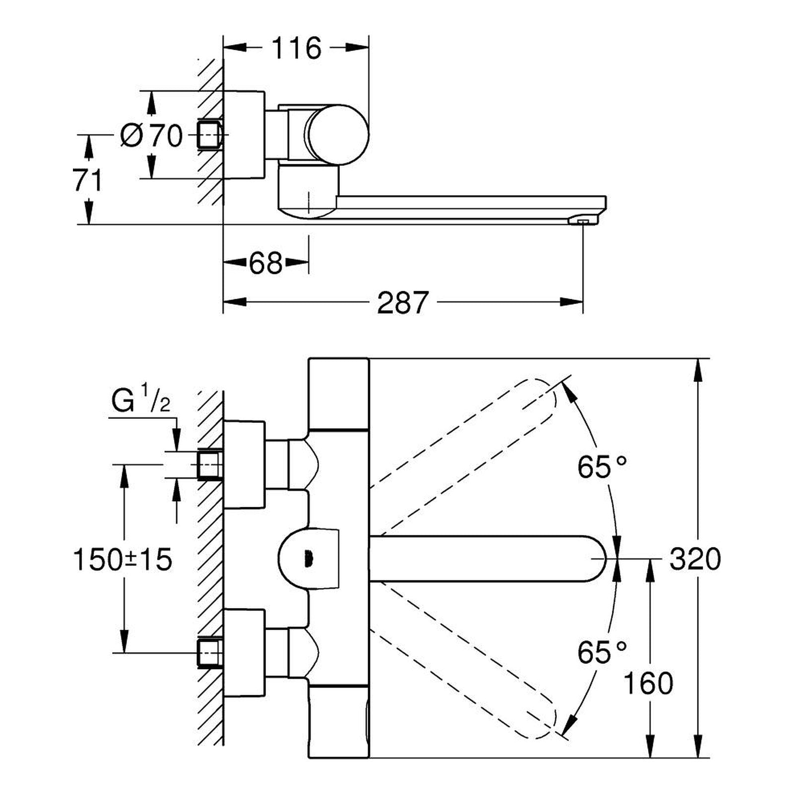 Maattekening Grohe Eurosmart Cosmopolitan E infrarood thermostatische wandmengkraan