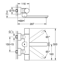 Maattekening Grohe Eurosmart Cosmopolitan E infrarood thermostatische wandmengkraan
