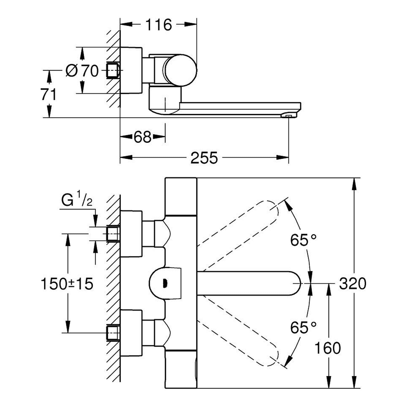 Maattekening Grohe Eurosmart Cosmopolitan E infrarood thermostatische wandmengkraan