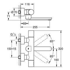 Maattekening Grohe Eurosmart Cosmopolitan E infrarood thermostatische wandmengkraan
