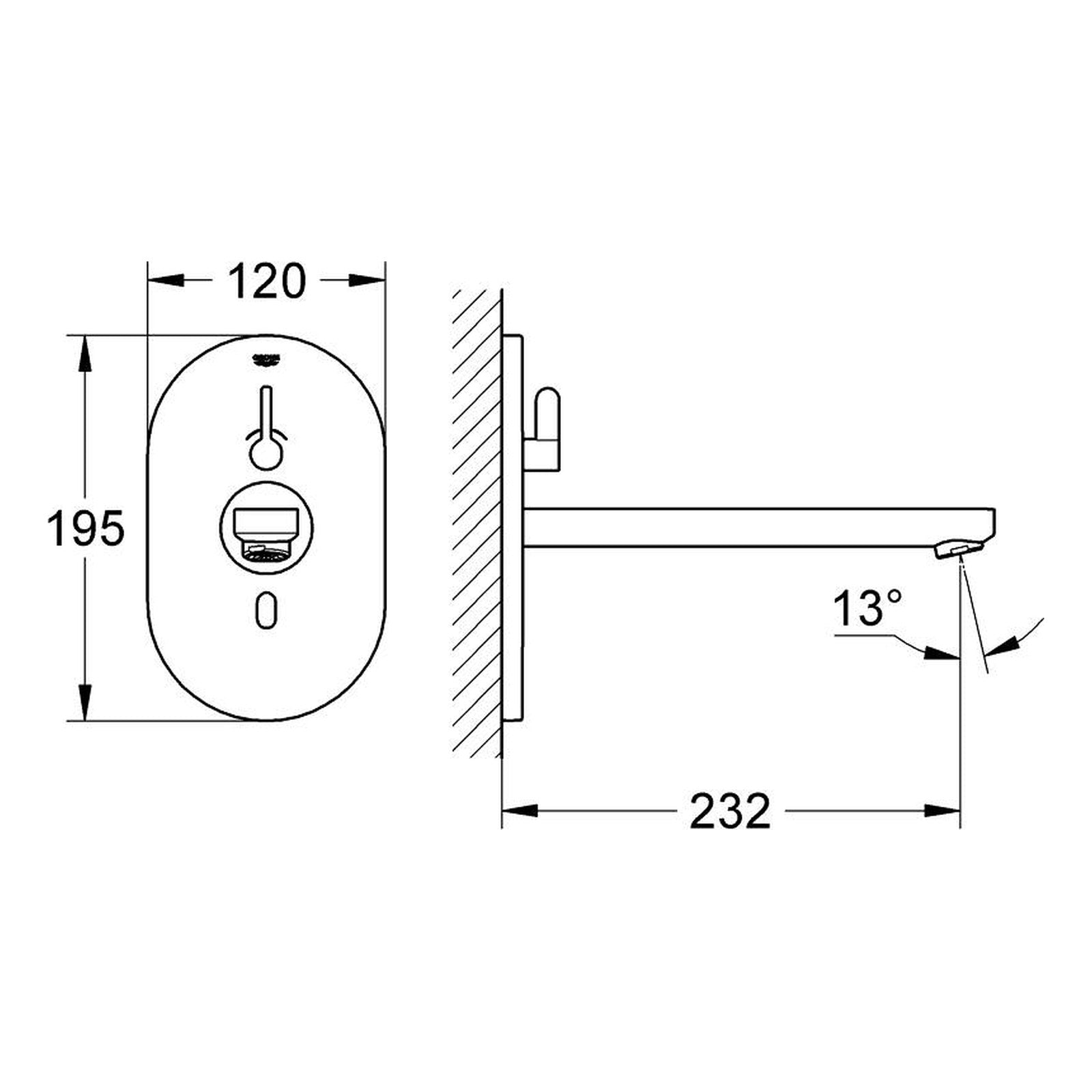 Maattekening Grohe Eurosmart Cosmopolitan E infrarood elektronische wastafelkraan met menging