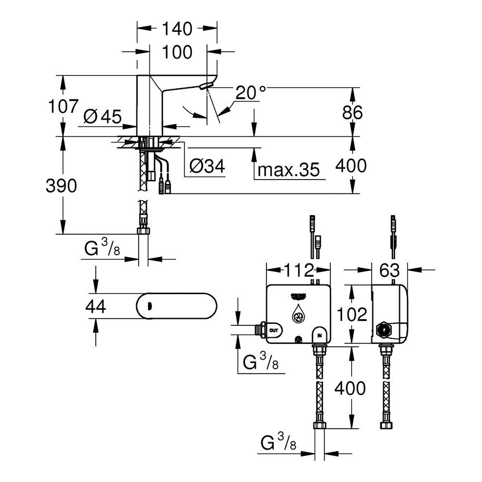 Maattekening Grohe Eurosmart Cosmopolitan E powerbox
