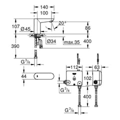 Maattekening Grohe Eurosmart Cosmopolitan E powerbox