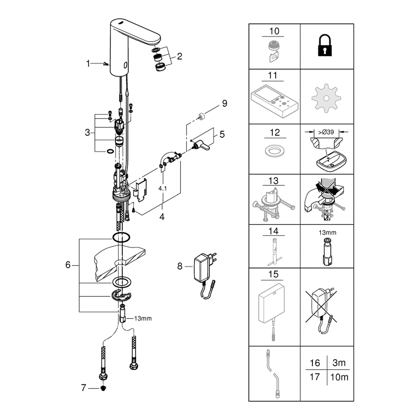Onderdelentekening Grohe Eurosmart Cosmopolitan E infrarood elektronische wastafelmengkraan L-Size met menging en instelbare temperatuurbegrenzer 2015–2020
