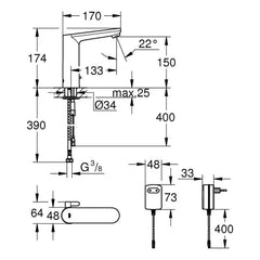 Maattekening Grohe Eurosmart Cosmopolitan E infrarood elektronische wastafelmengkraan L-Size met menging en instelbare temperatuurbegrenzer