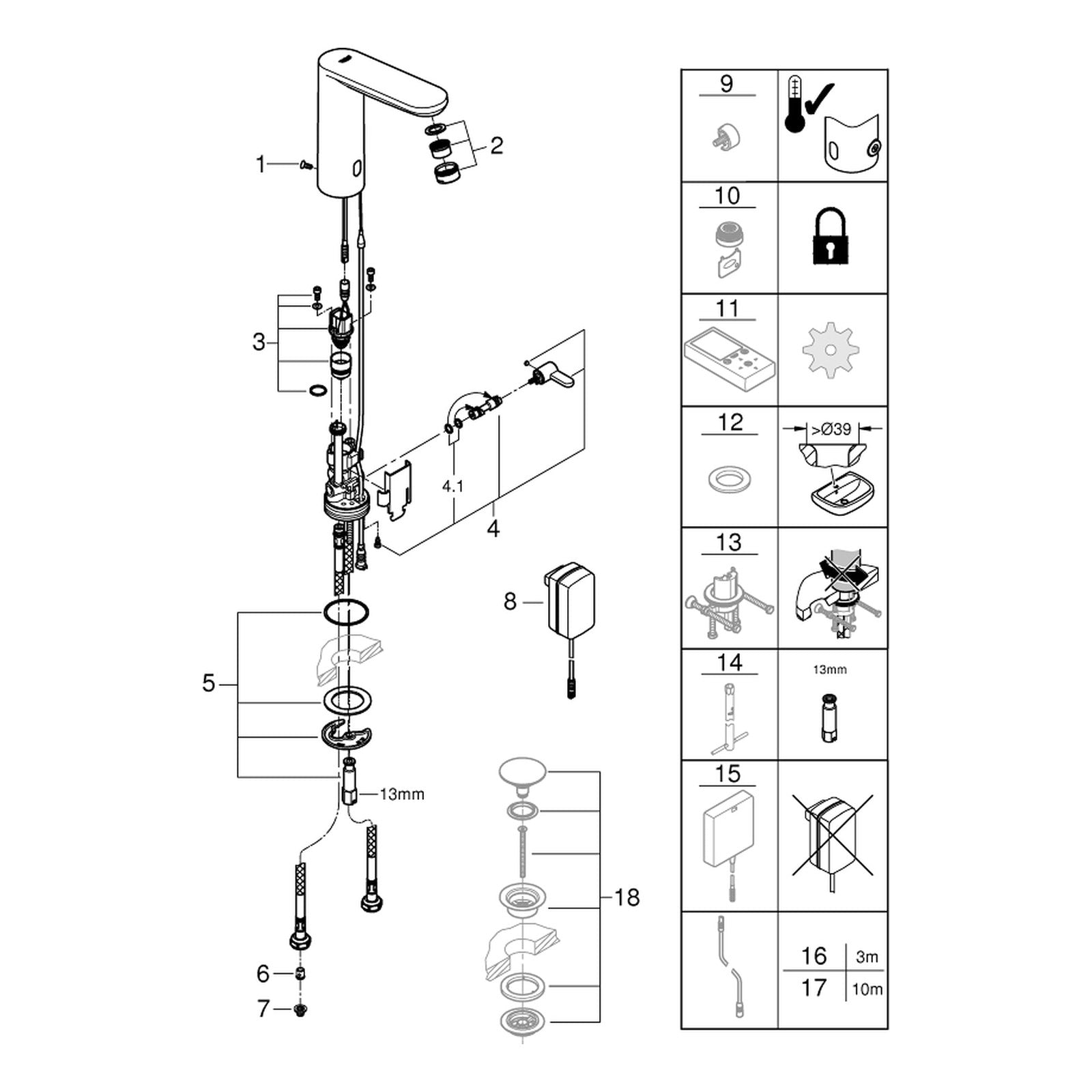 Onderdelentekening Grohe Eurosmart Cosmopolitan E infrarood elektronische wastafelmengkraan L-Size met menging en instelbare temperatuurbegrenzer 2020–2023
