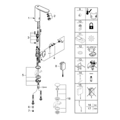 Onderdelentekening Grohe Eurosmart Cosmopolitan E infrarood elektronische wastafelmengkraan L-Size met menging en instelbare temperatuurbegrenzer 2020–2023