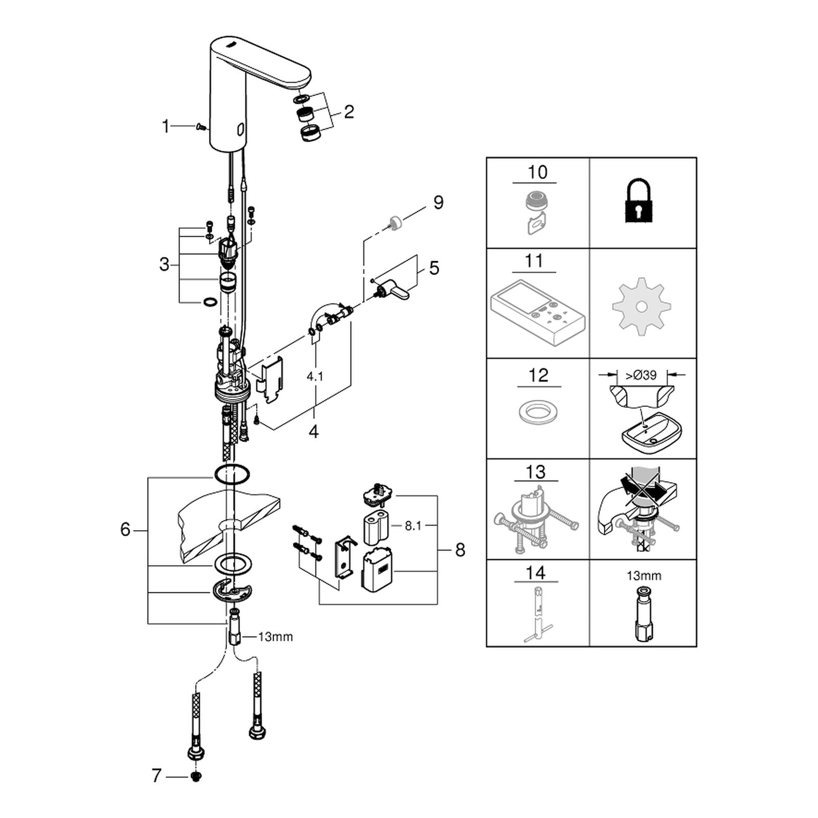 Onderdelentekening Grohe Eurosmart Cosmopolitan E infrarood elektronische wastafelmengkraan L-Size met menging en instelbare temperatuurbegrenzer 2015–2021