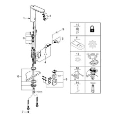 Onderdelentekening Grohe Eurosmart Cosmopolitan E infrarood elektronische wastafelmengkraan L-Size met menging en instelbare temperatuurbegrenzer 2015–2021