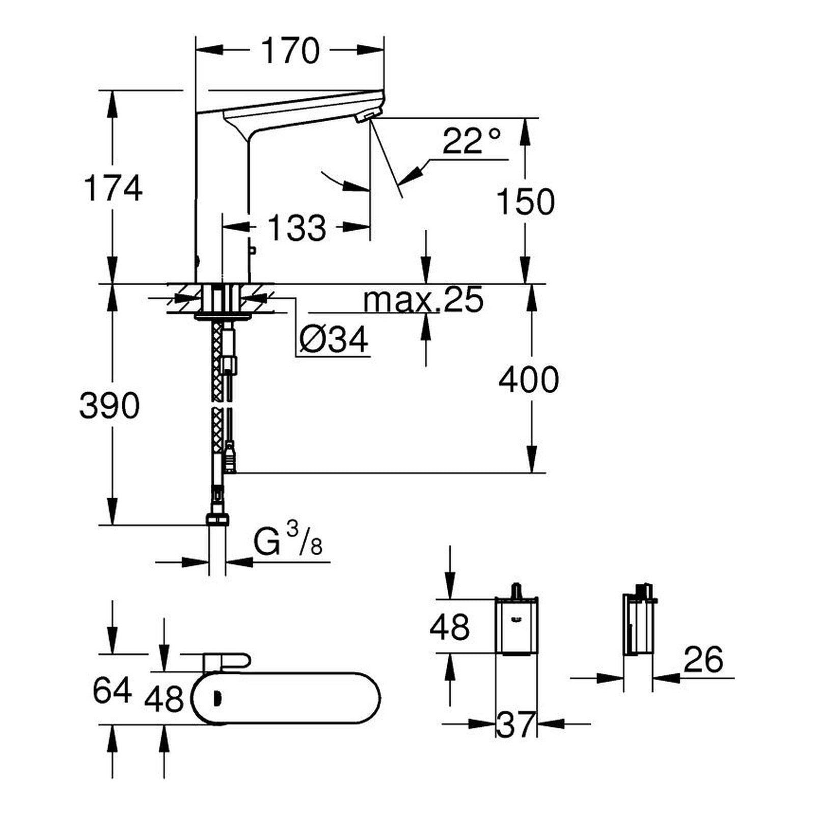 Maattekening Grohe Eurosmart Cosmopolitan E infrarood elektronische wastafelmengkraan L-Size met menging en instelbare temperatuurbegrenzer