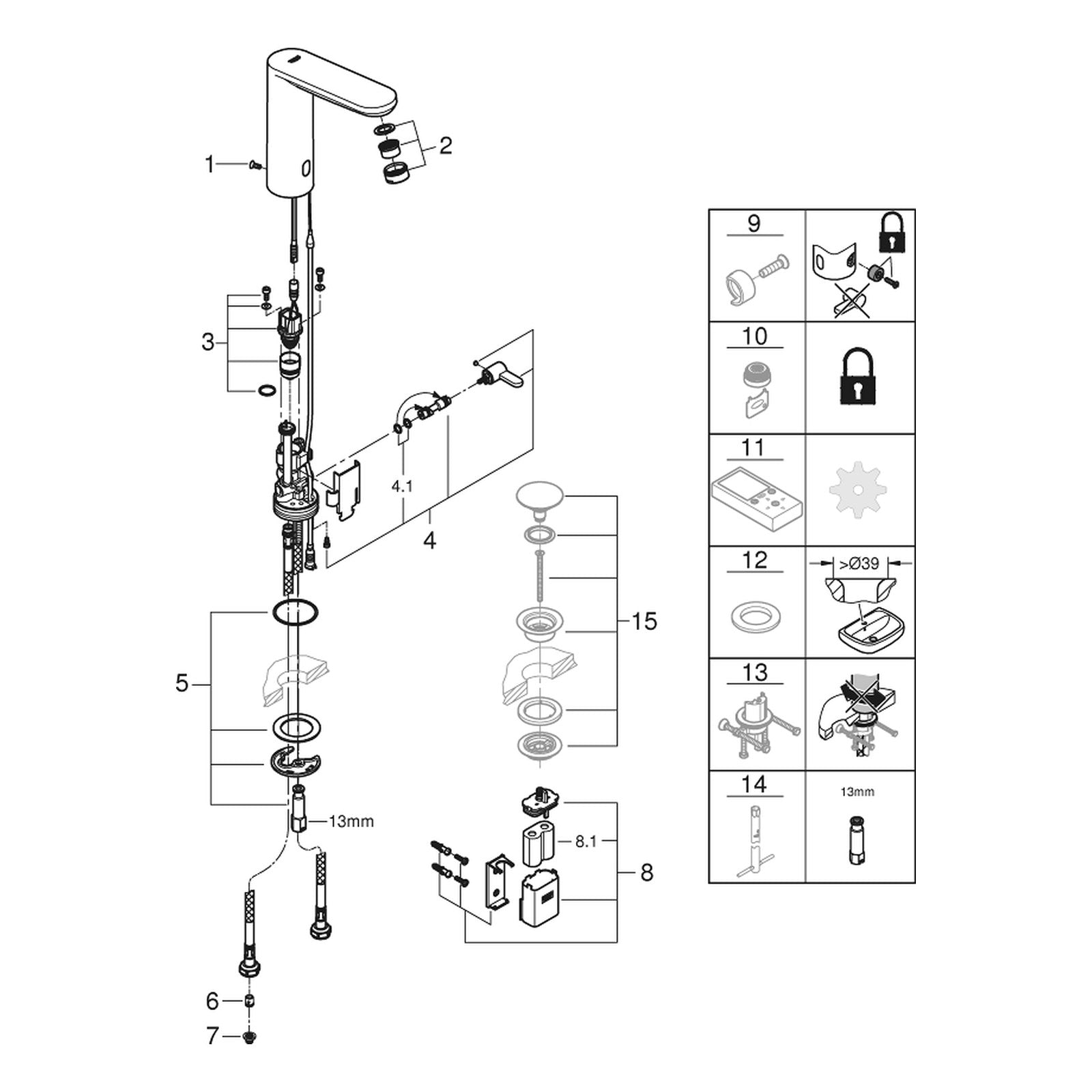 Onderdelentekening Grohe Eurosmart Cosmopolitan E infrarood elektronische wastafelmengkraan L-Size met menging en instelbare temperatuurbegrenzer 2021–2023
