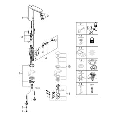 Onderdelentekening Grohe Eurosmart Cosmopolitan E infrarood elektronische wastafelmengkraan L-Size met menging en instelbare temperatuurbegrenzer 2021–2023