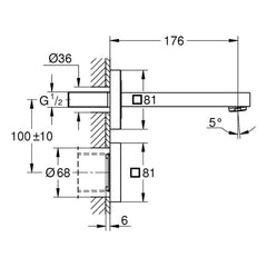 Maattekening Grohe Eurocube E infrarood elektronische wastafelkraan zonder menging