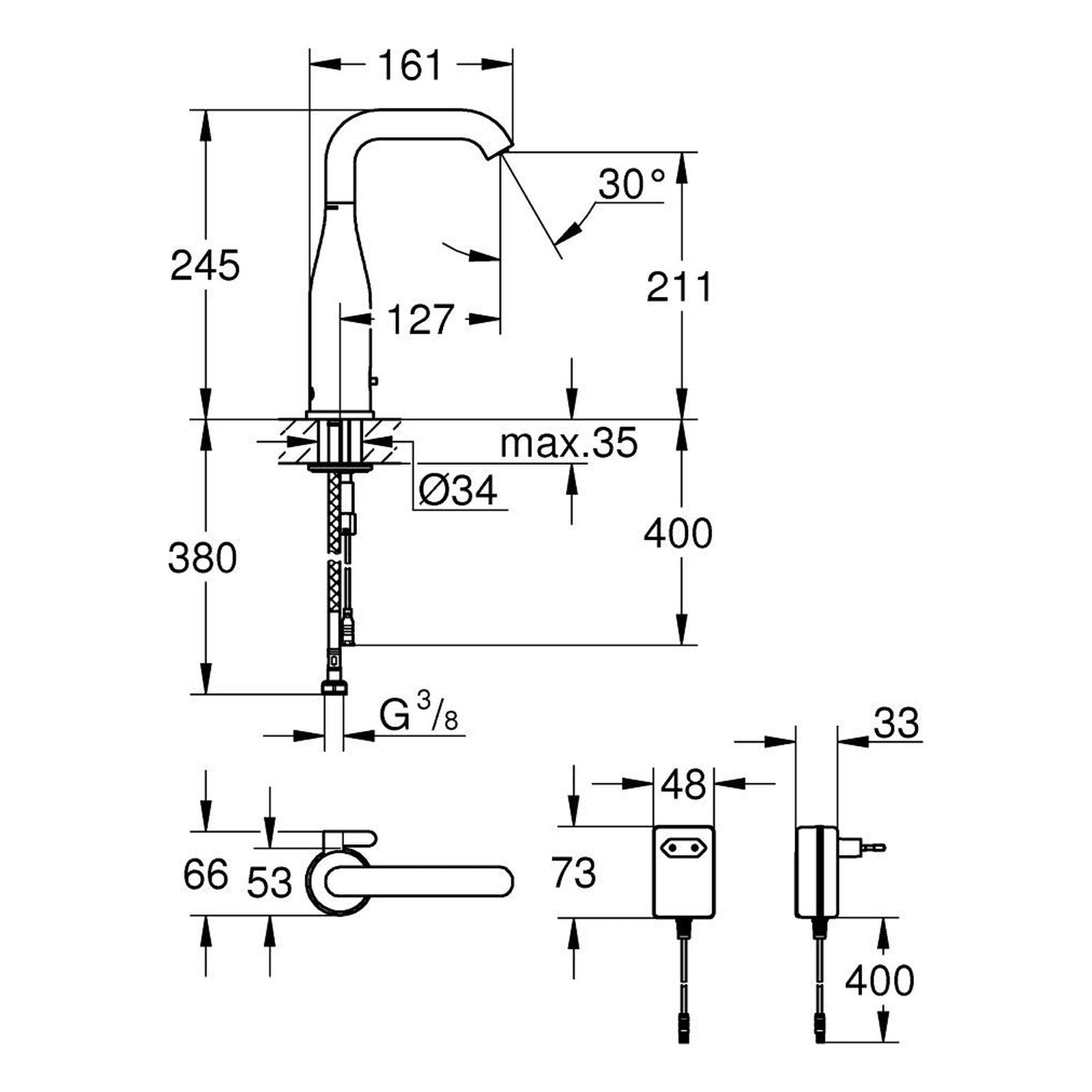 Maattekening Grohe Essence E infrarood elektronische wastafelmengkraan met menging en instelbare temperatuurbegrenzer M-size