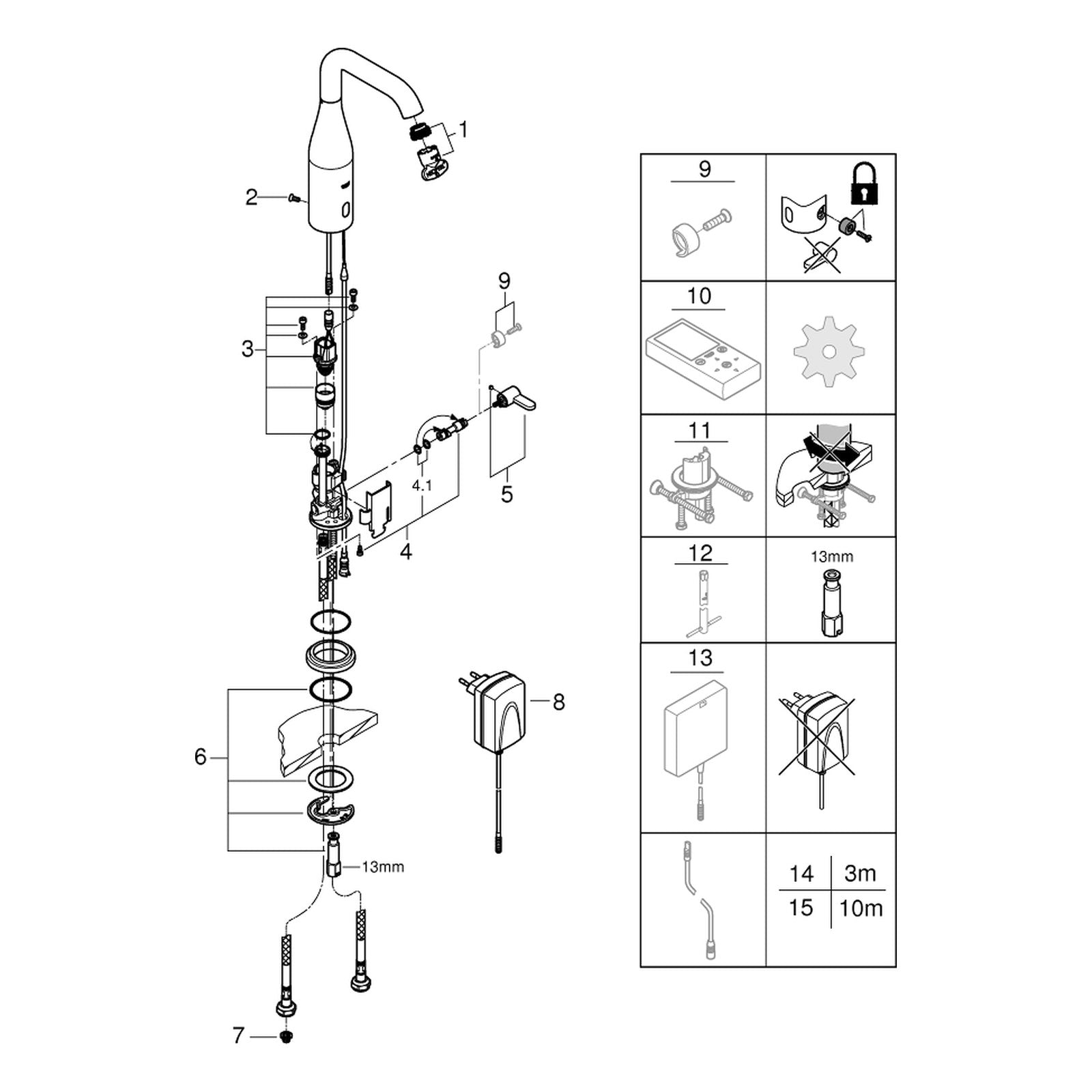 Onderdelentekening Grohe Essence E infrarood elektronische wastafelmengkraan met menging en instelbare temperatuurbegrenzer M-size 2016–2021