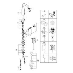 Onderdelentekening Grohe Essence E infrarood elektronische wastafelmengkraan met menging en instelbare temperatuurbegrenzer M-size 2021–2023