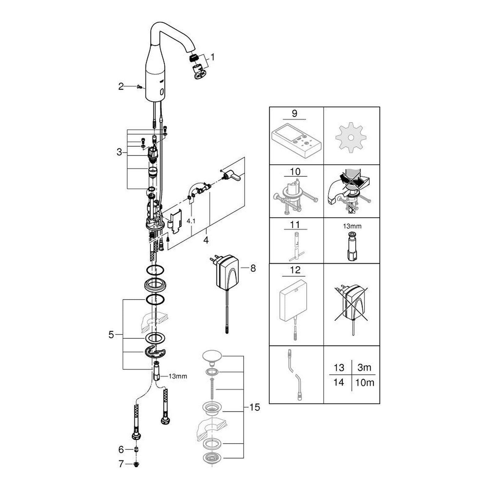 Onderdelentekening Grohe Essence E infrarood elektronische wastafelmengkraan met menging en instelbare temperatuurbegrenzer M-size