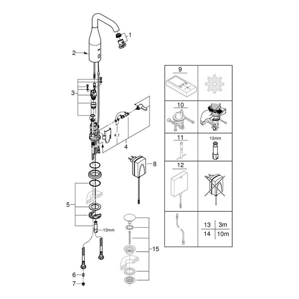Onderdelentekening Grohe Essence E infrarood elektronische wastafelmengkraan met menging en instelbare temperatuurbegrenzer M-size