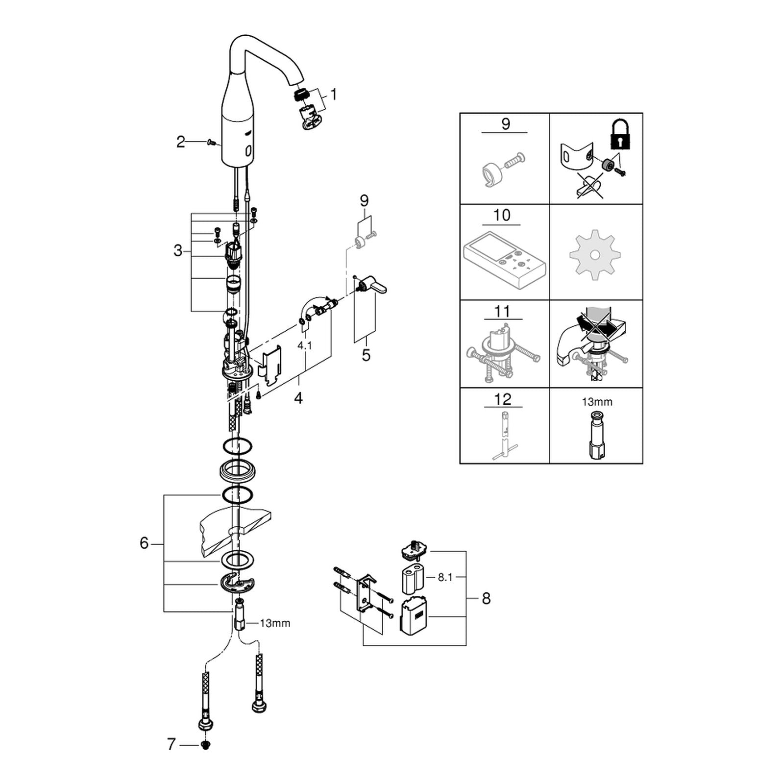 Onderdelentekening Grohe Essence E infrarood elektronische wastafelmengkraan met menging en instelbare temperatuurbegrenzer M-size 2016–2021