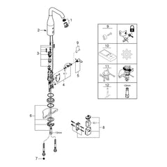 Onderdelentekening Grohe Essence E infrarood elektronische wastafelmengkraan met menging en instelbare temperatuurbegrenzer M-size 2016–2021