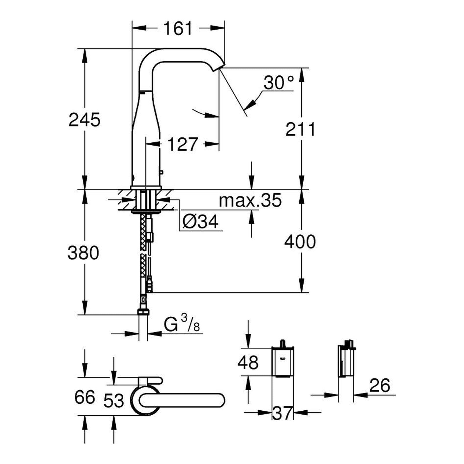 Maattekening Grohe Essence E infrarood elektronische wastafelmengkraan met menging en instelbare temperatuurbegrenzer M-size