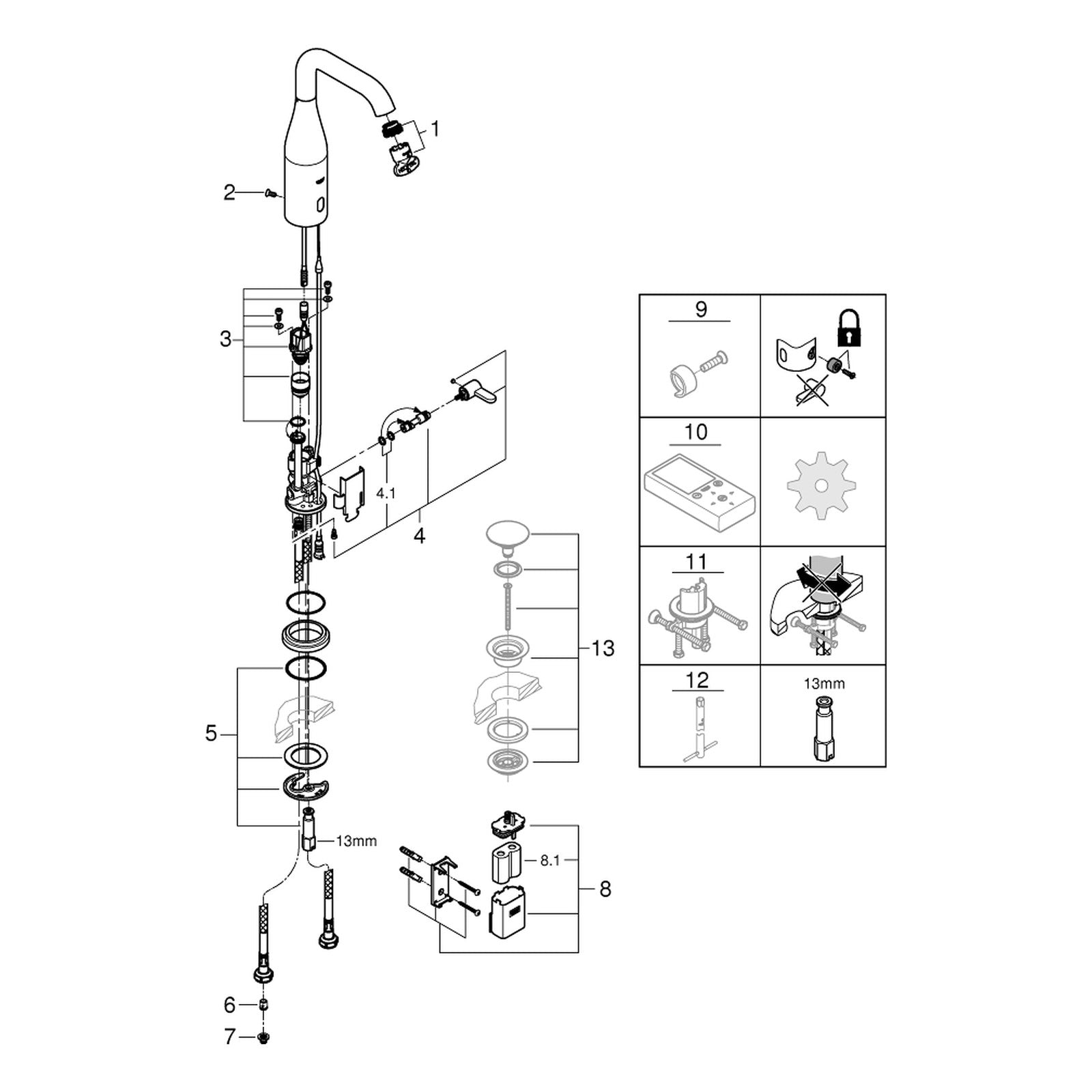 Onderdelentekening Grohe Essence E infrarood elektronische wastafelmengkraan met menging en instelbare temperatuurbegrenzer M-size 2021–2023