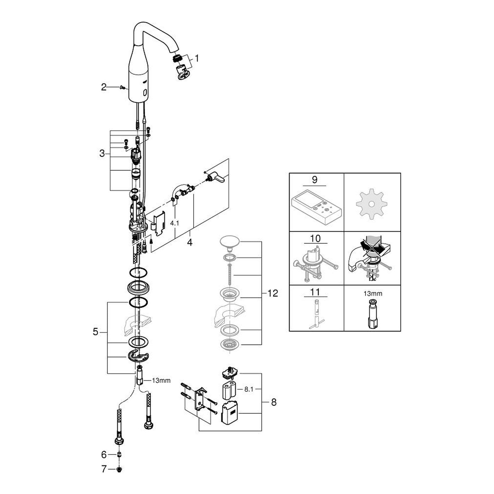 Onderdelentekening Grohe Essence E infrarood elektronische wastafelmengkraan met menging en instelbare temperatuurbegrenzer M-size