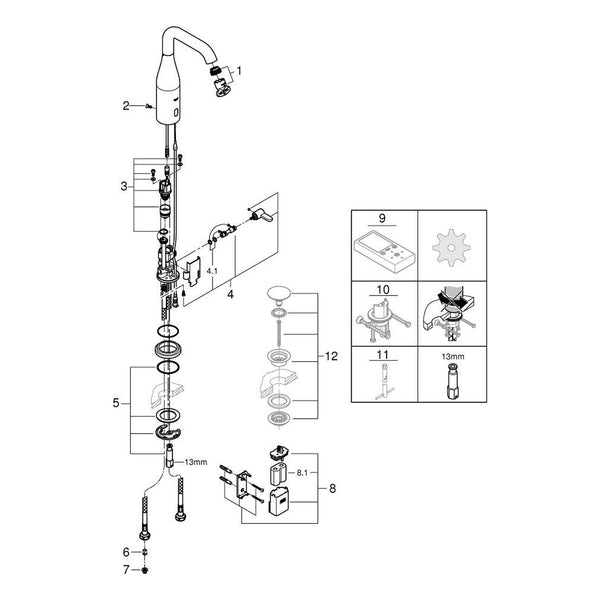 Onderdelentekening Grohe Essence E infrarood elektronische wastafelmengkraan met menging en instelbare temperatuurbegrenzer M-size