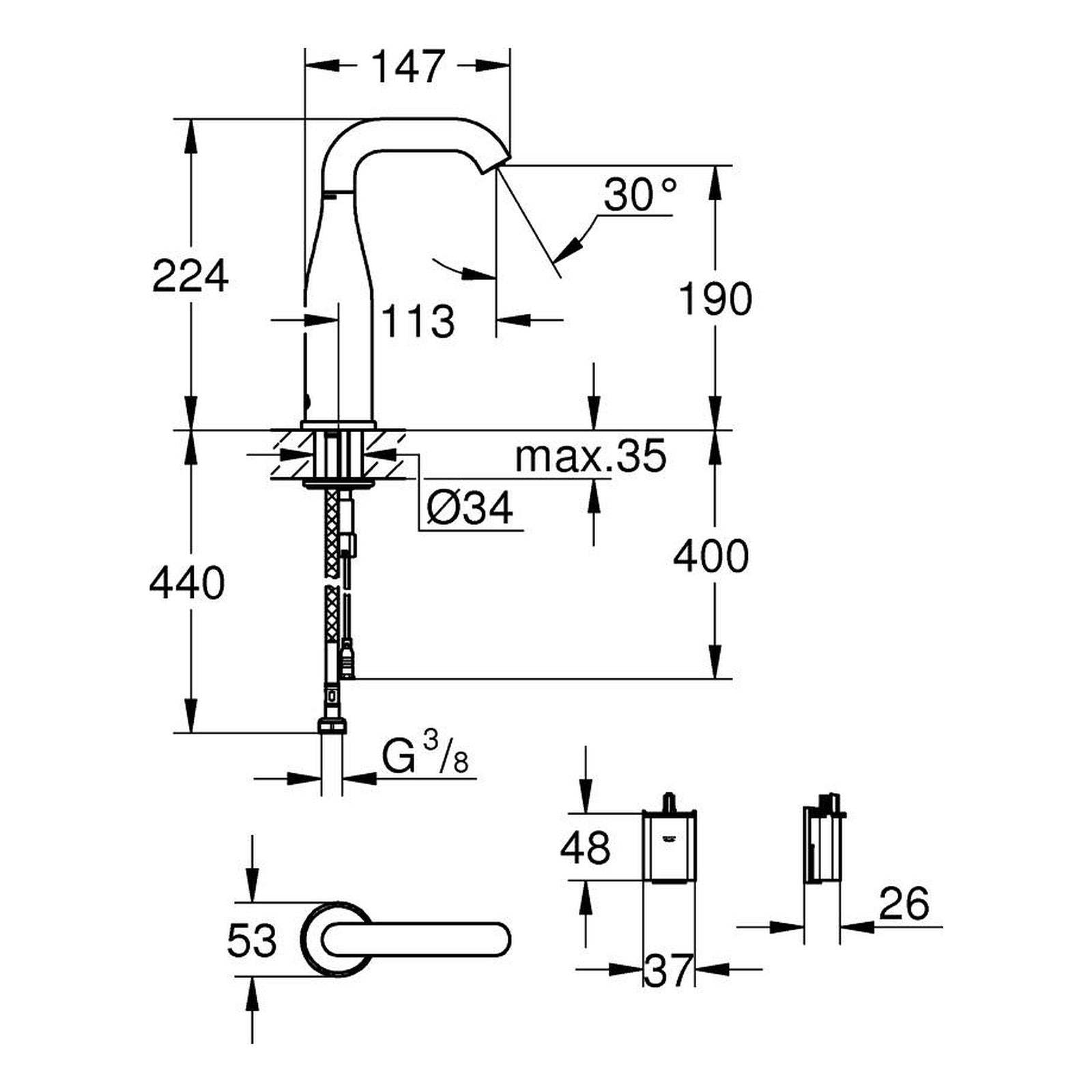 Maattekening Grohe Essence E infrarood elektronische wastafelkraan zonder menging M-Size