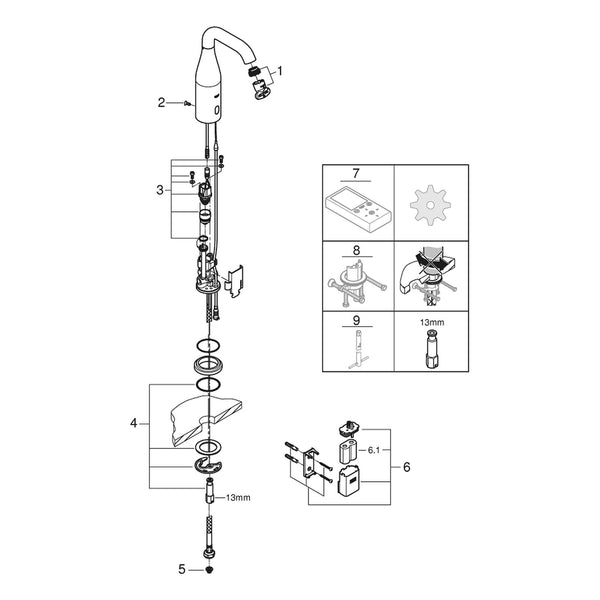 Onderdelentekening Grohe Essence E infrarood elektronische wastafelkraan zonder menging M-Size