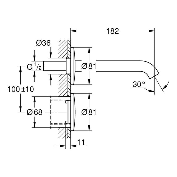 Maattekening Grohe Essence E infrarood elektronische wastafelkraan zonder menging