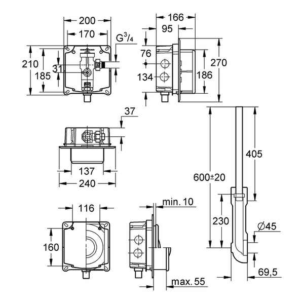 Maattekening Grohe WC-Drukspoeler