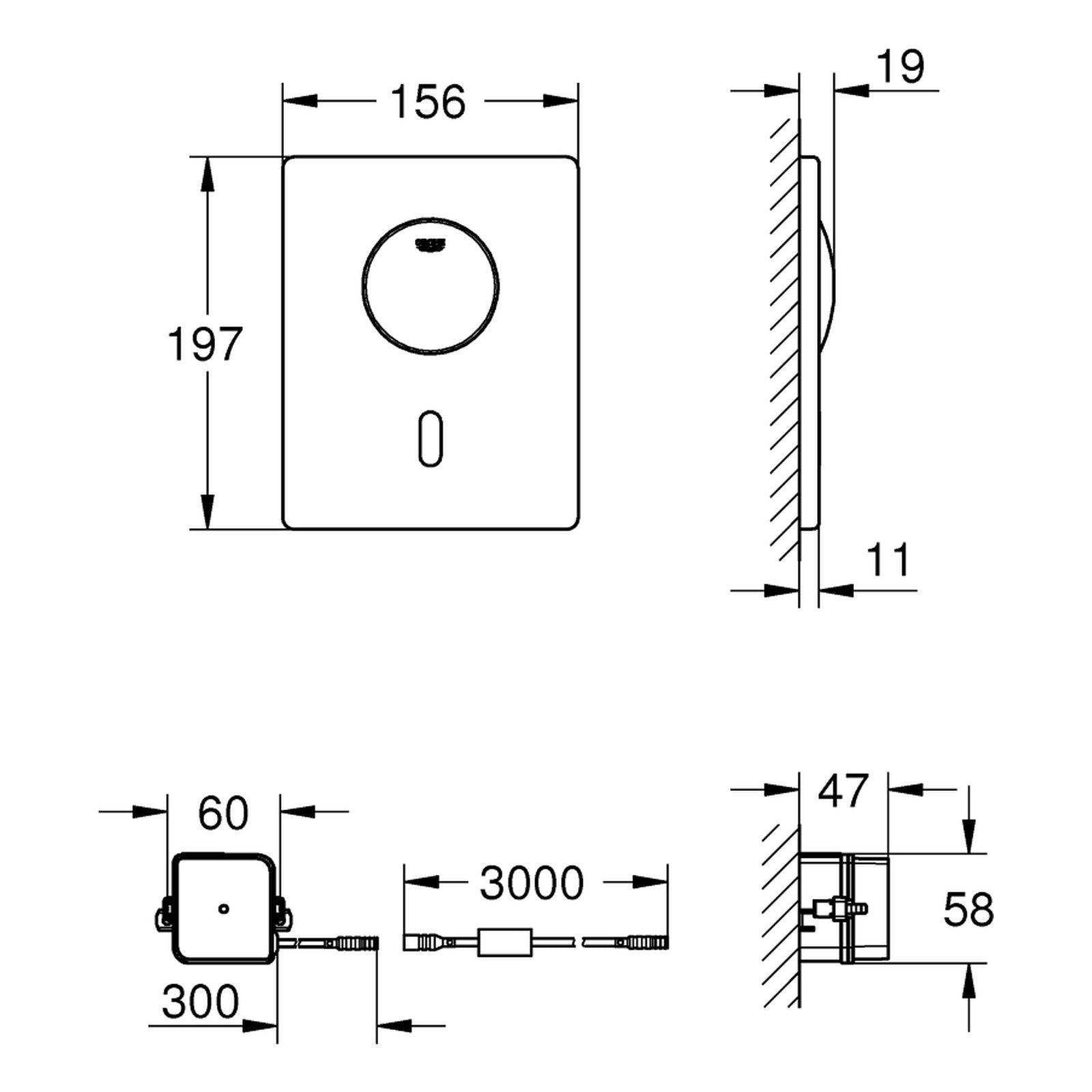 Maattekening Grohe Tectron Skate infrarood-elektronica voor WC-reservoir