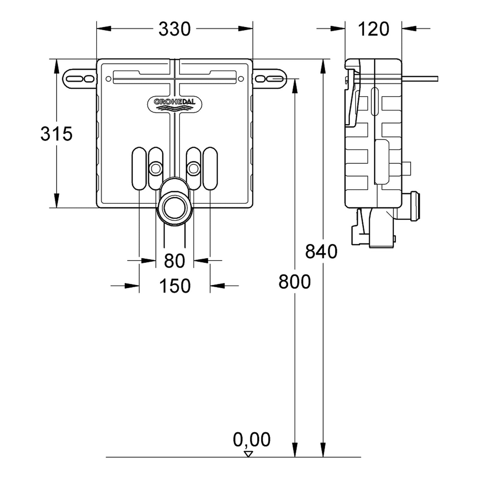 Maattekening Grohe Uniset wastafel element