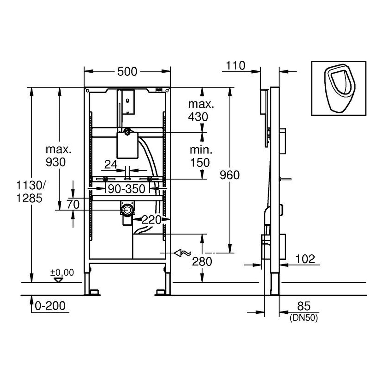 Maattekening Grohe rapid SL Urinoir element voor urinoir