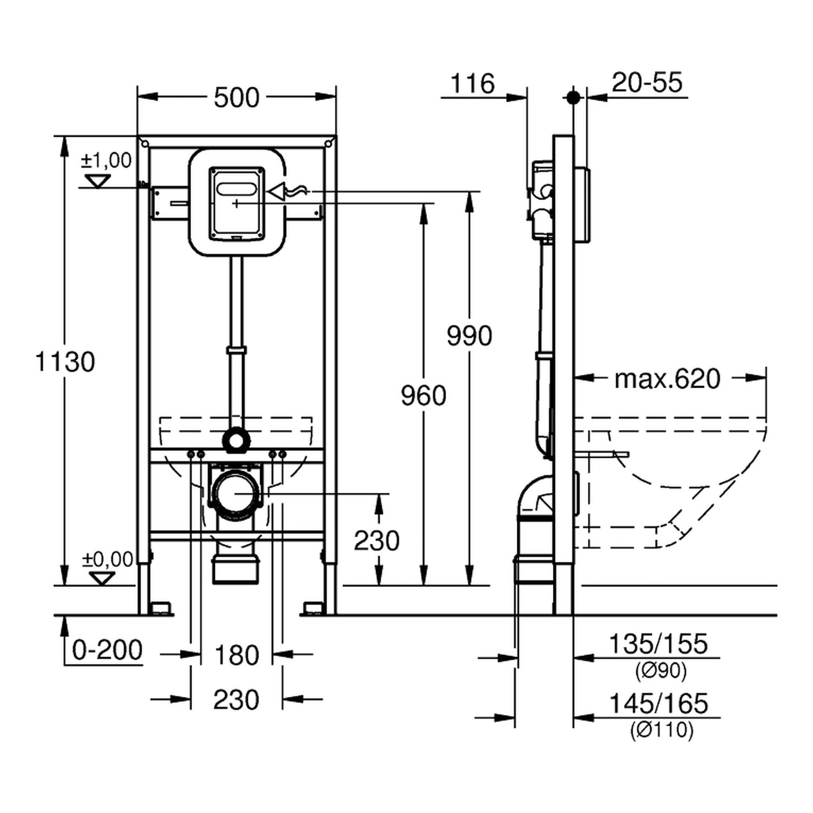 Maattekening Grohe Rapid SL WC element met drukspoeler, 1,13 m installatiehoogte