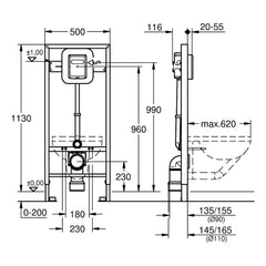 Maattekening Grohe Rapid SL WC element met drukspoeler, 1,13 m installatiehoogte