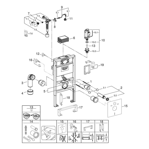 Onderdelentekening Grohe WC element, 1.00 m installatiehoogte 38525001