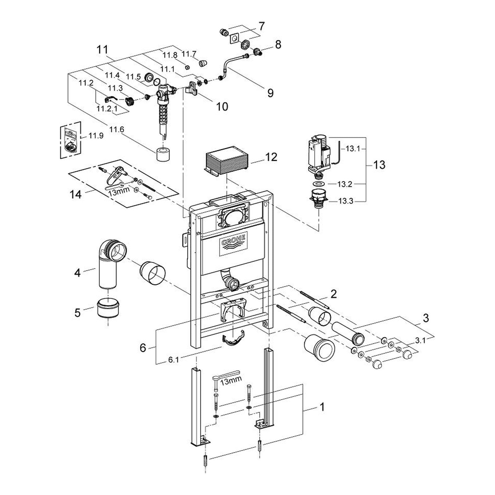 Onderdelentekening Grohe Rapid SL WC element, 0,82 m installatiehoogte 2007–2008