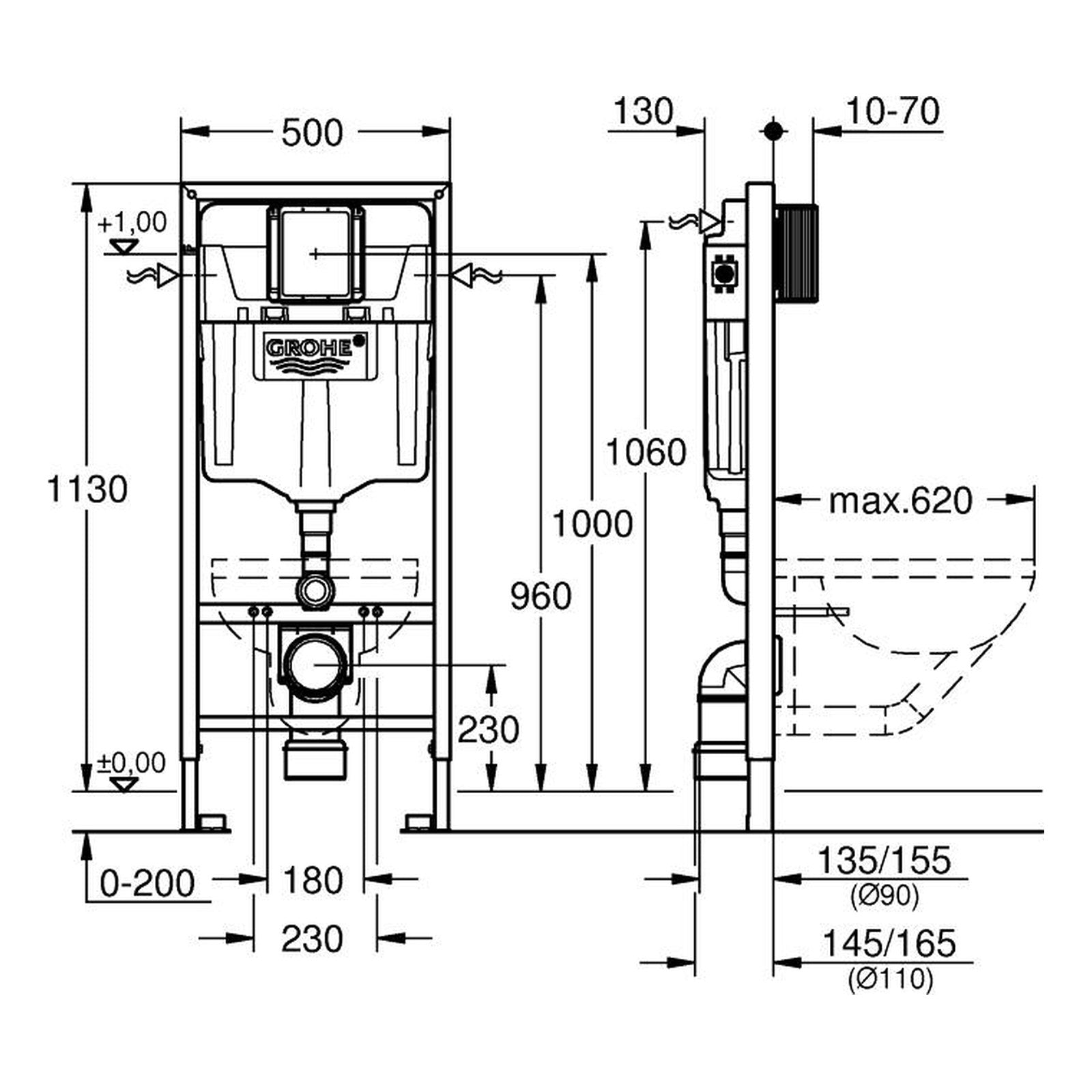 Maattekening Grohe Rapid SL WC element, 1,13 m installatiehoogte