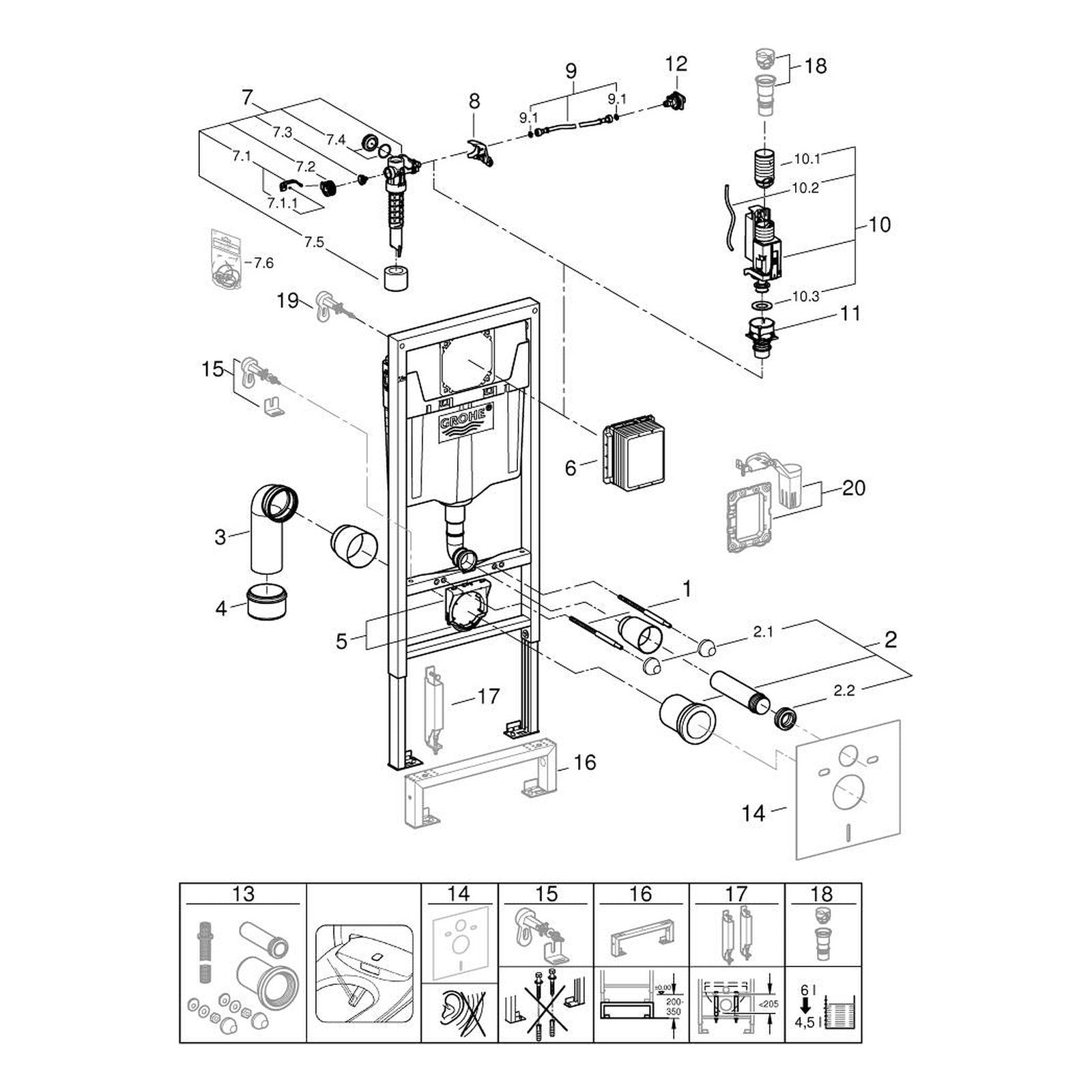 Onderdelentekening Grohe Rapid SL WC element, 1,13 m installatiehoogte