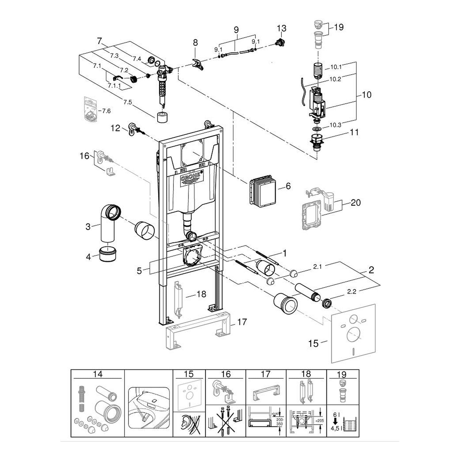 Onderdelentekening Grohe WC element, 1.13 m installatiehoogte 38536001