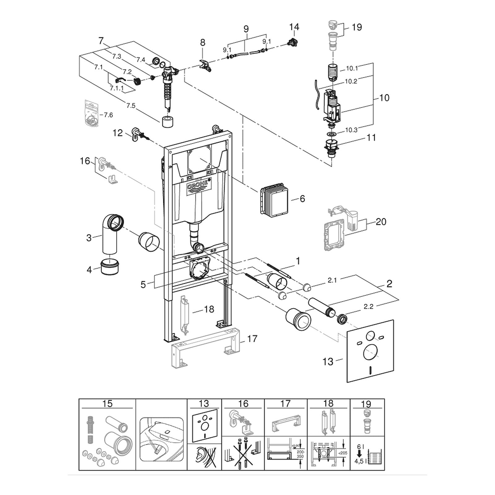 Onderdelentekening Grohe WC element, 1,13 m installatiehoogte 38539001