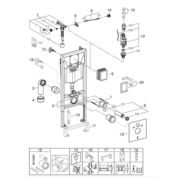 Onderdelentekening Grohe WC element, 1,13 m installatiehoogte 38539001