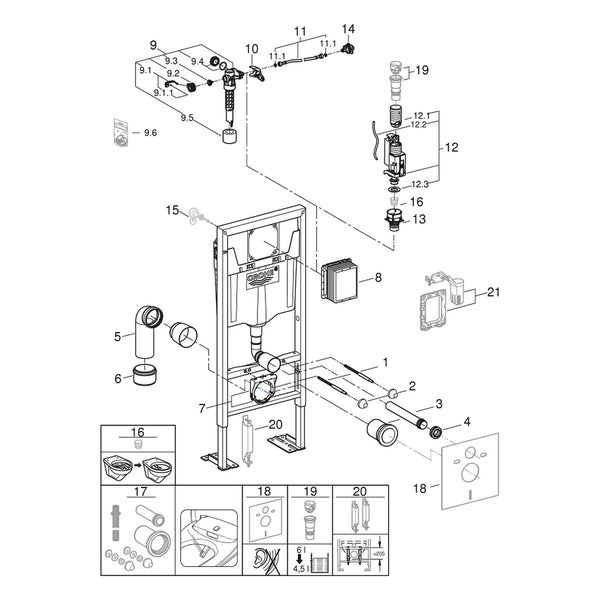 Onderdelentekening Grohe WC element, 1,13 m installatiehoogte 38584001