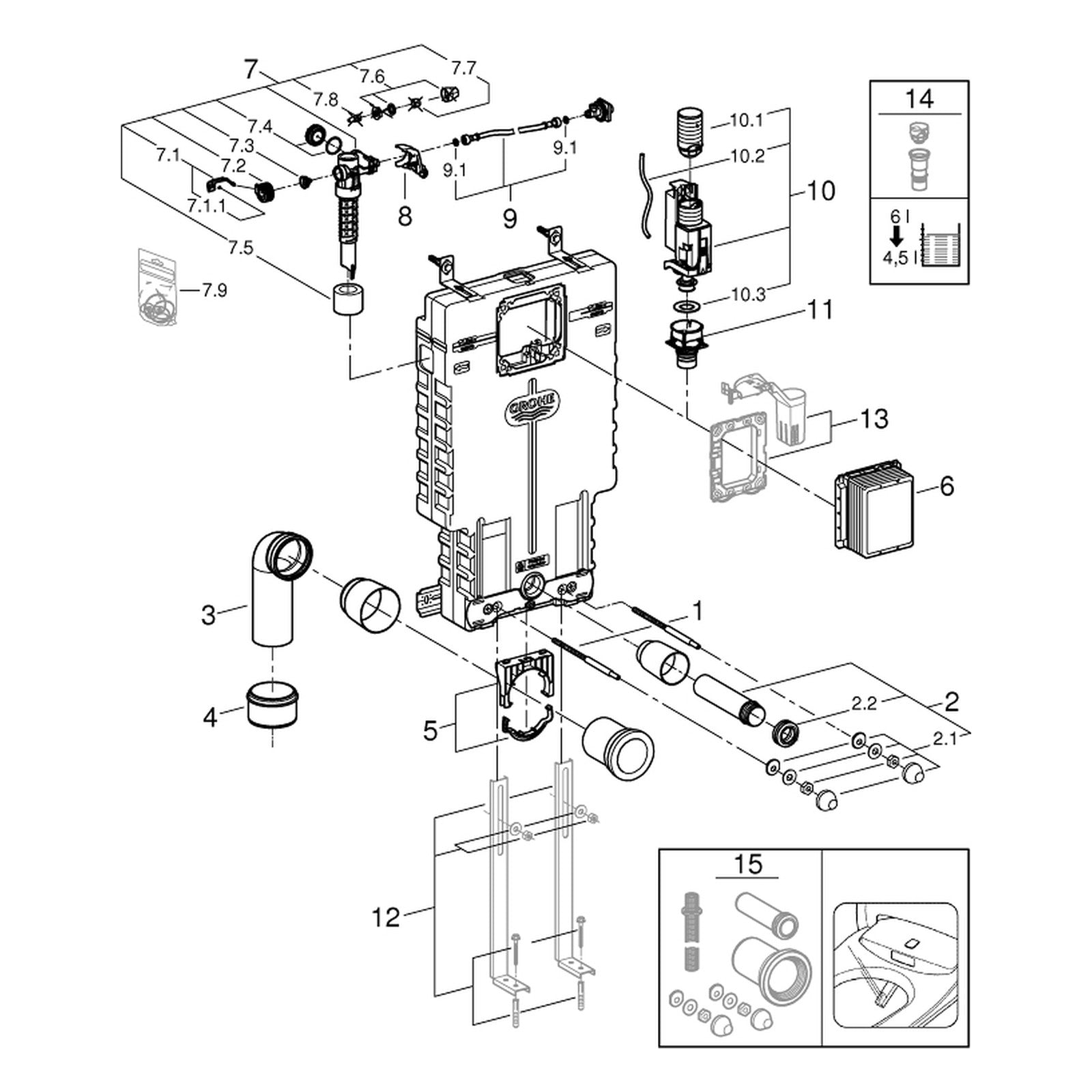 Onderdelentekening Grohe WC-element met EPS behuizing geschikt voor inmetselen 38643001