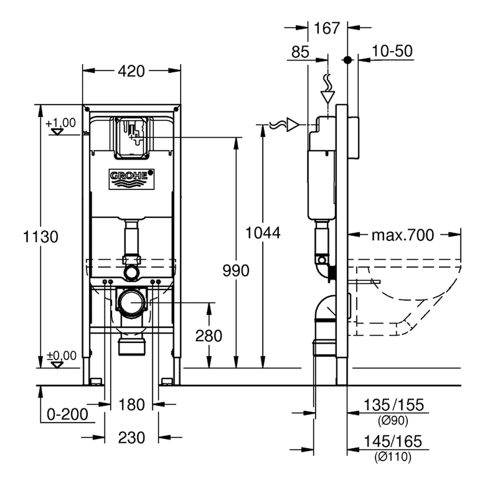Maattekening Grohe Rapid SL element for WC, 1.13 m installation height, 0.42 m width