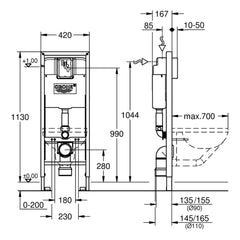 Maattekening Grohe Rapid SL element for WC, 1.13 m installation height, 0.42 m width